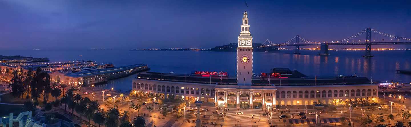 Ferry Building against the backdrop of the Golden Gate Bridge